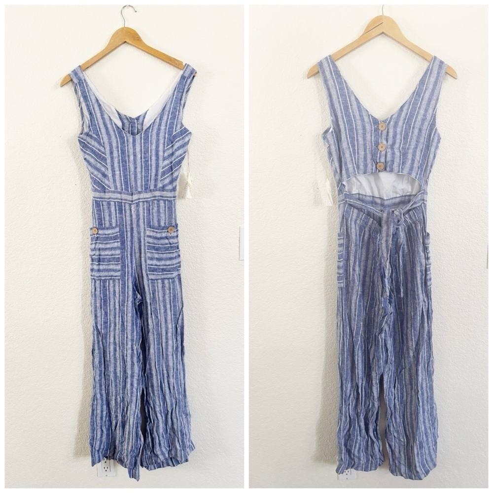 Indigo Rein Jumpsuit Size S Blue White Striped Linen Blend Cutout Back Wide Leg